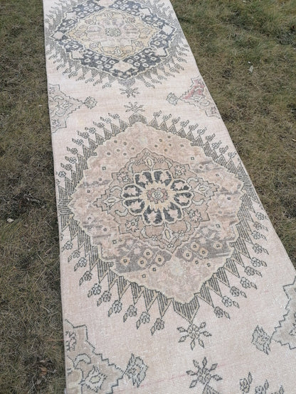 2.9 x 13 vintage hallway runner rug, neutral oushak runner rug, handmade runner,