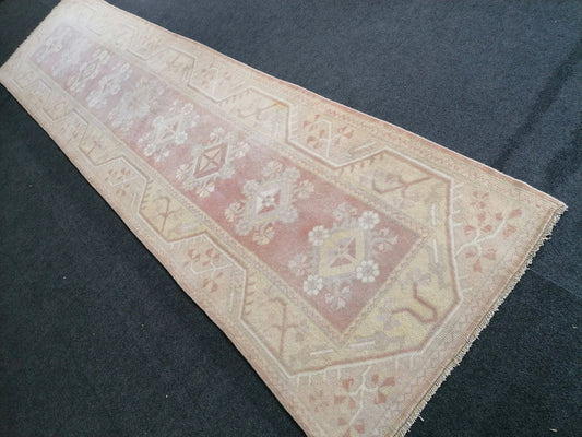 Muted soft colors runner rug, 2.8 x 10 runner rug, pastel Oushak runner rug, turkish vintage rug,