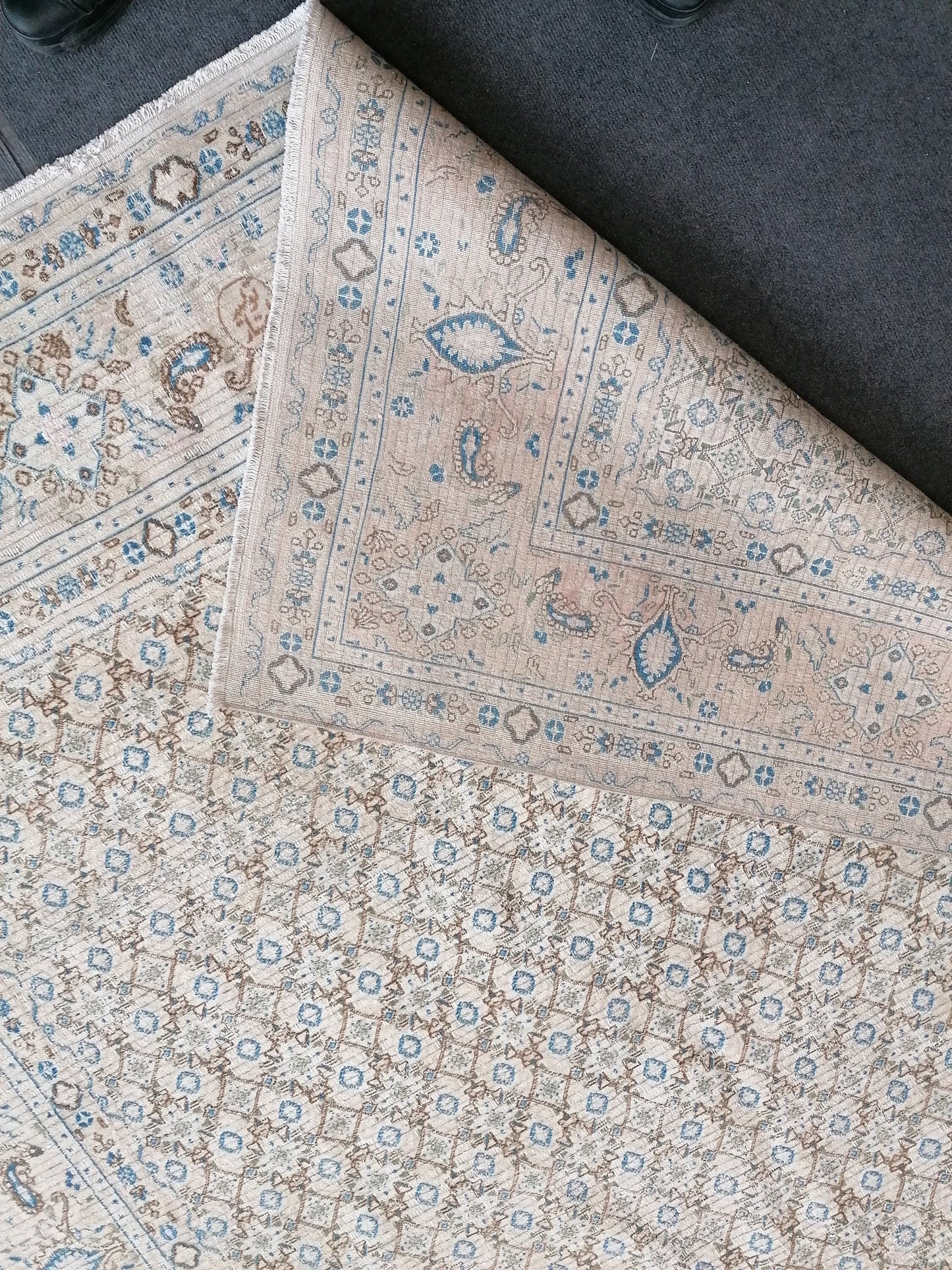 persian wool rug 6.4 x 8 distressed blue rug, turkish living room rug, handmade rug