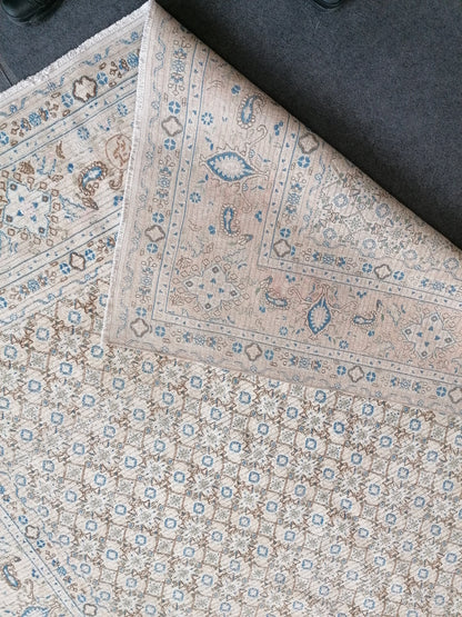 persian wool rug 6.4 x 8 distressed blue rug, turkish living room rug, handmade rug