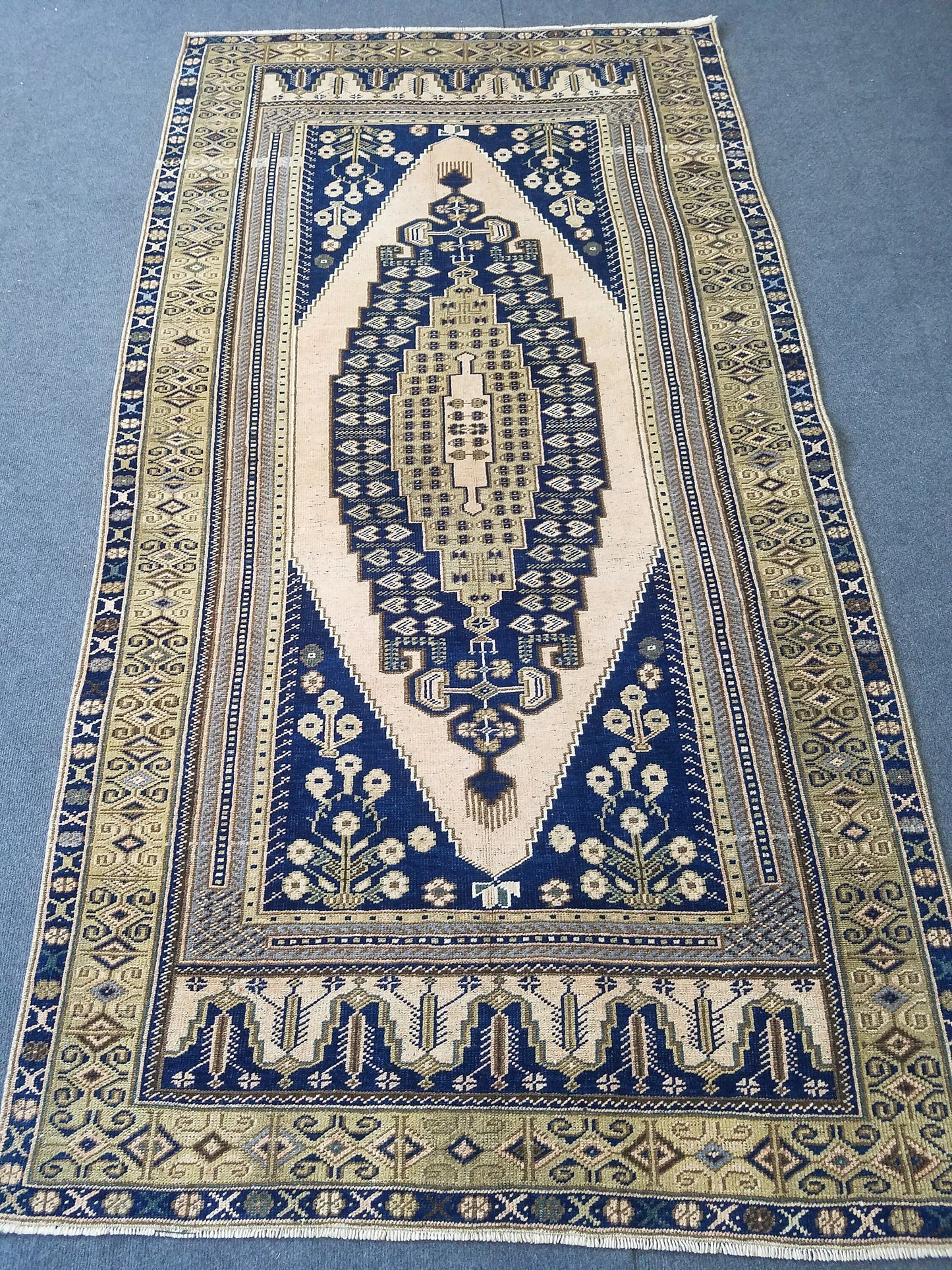 4 x 7.7 blue rug, living room rug vintage oushak rug