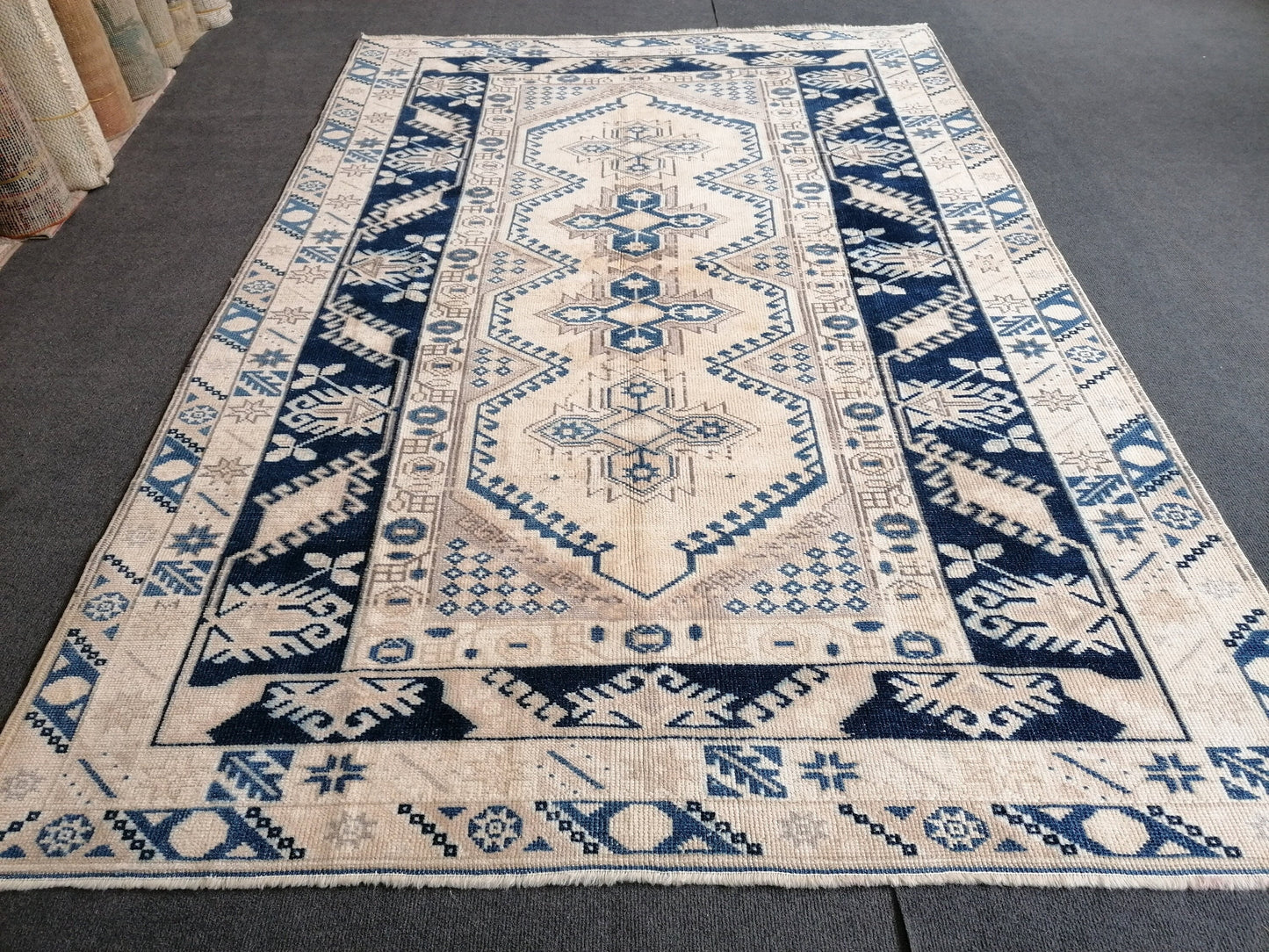 4.11 x 7.4 Vintage handmade rug, turkish wool rug   blue vintage oushak rug,