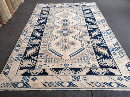 4.11 x 7.4 Vintage handmade rug, turkish wool rug   blue vintage oushak rug,