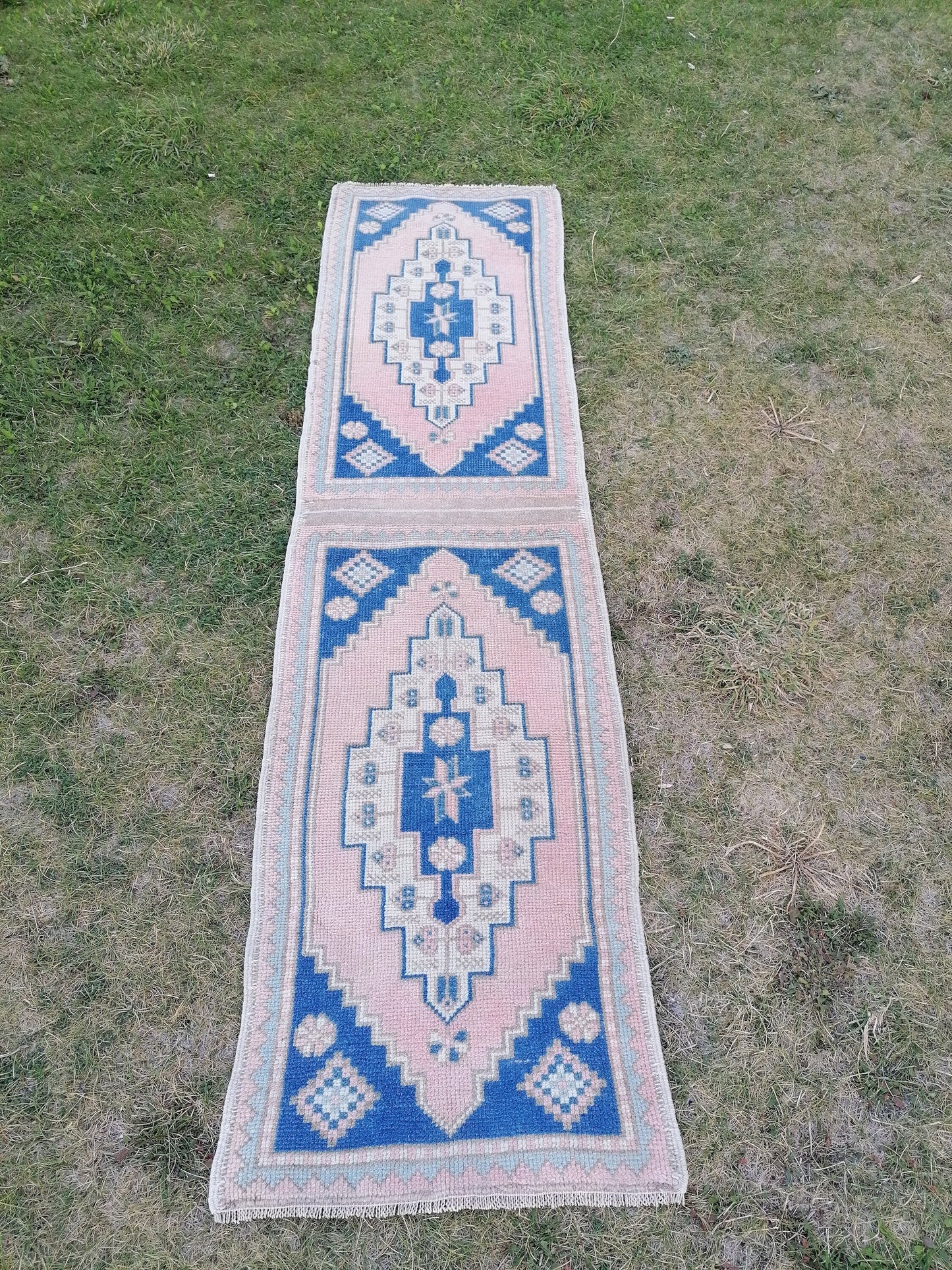 Blue pillow runner rug 1.10 x 7 hallway vintage rug, entryway hand made rug, kitchen runner