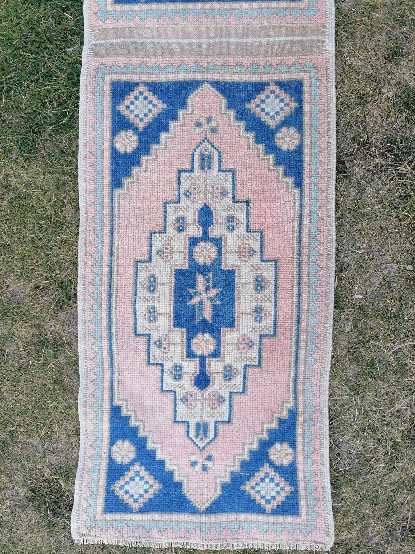 Blue pillow runner rug 1.10 x 7 hallway vintage rug, entryway hand made rug, kitchen runner