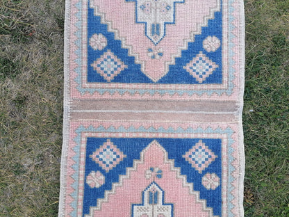 Blue pillow runner rug 1.10 x 7 hallway vintage rug, entryway hand made rug, kitchen runner