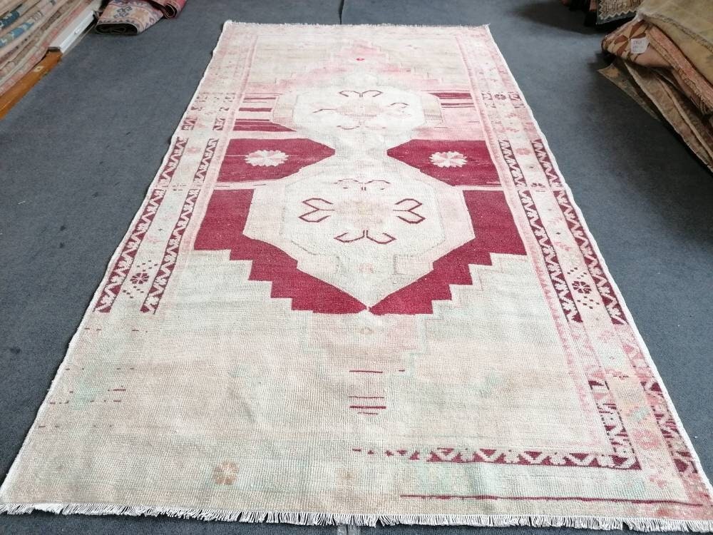 4.9 x 9 oushak turkish rug, pastel turkish rug, vintage hand made wool runner