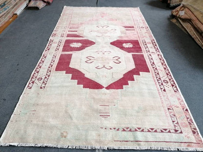 4.9 x 9 oushak turkish rug, pastel turkish rug, vintage hand made wool runner