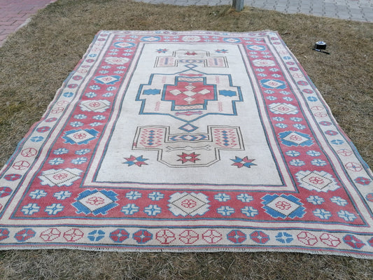 5.2 x 6.9 Turkısh hand knotted rug blue vıntage rug, handmade rug, wool rug