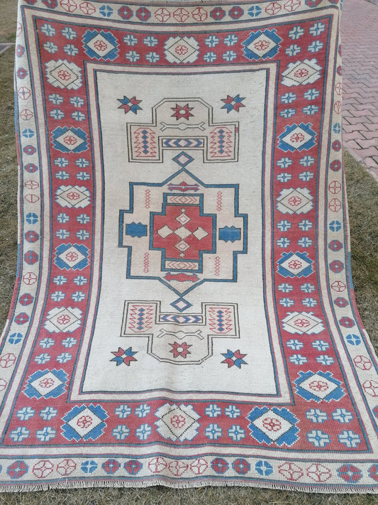 5.2 x 6.9 TurkÄ±sh hand knotted rug blue vÄ±ntage rug, handmade rug, wool rug