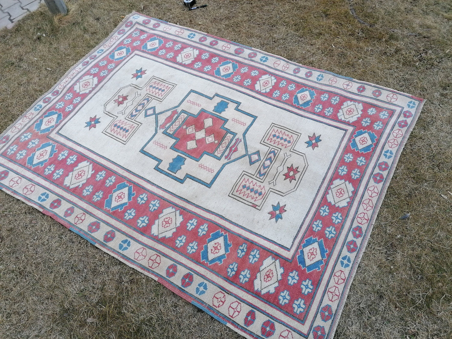 5.2 x 6.9 TurkÄ±sh hand knotted rug blue vÄ±ntage rug, handmade rug, wool rug