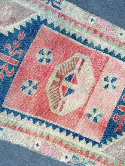 1.8 x 2.9 Vintage wool small rug turkish oushak rug, blue hallway handmade rug