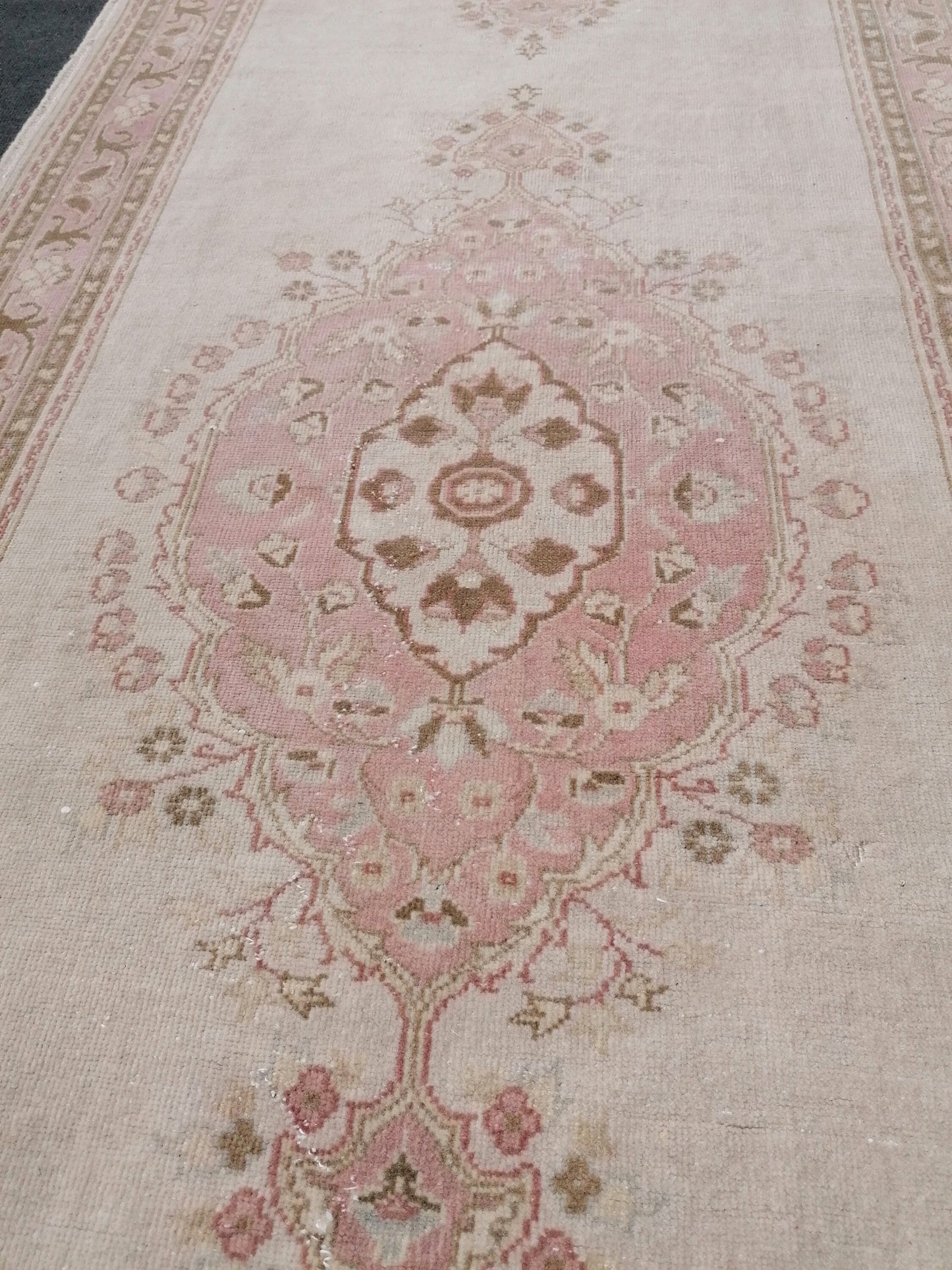 3.2 x 11.6 runner rug, vintage runner rug, turkish pastel pink runner rug, oushak runner rug