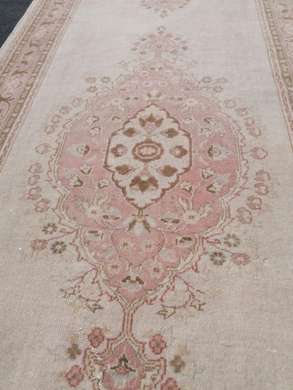 3.2 x 11.6 runner rug, vintage runner rug, turkish pastel pink runner rug, oushak runner rug