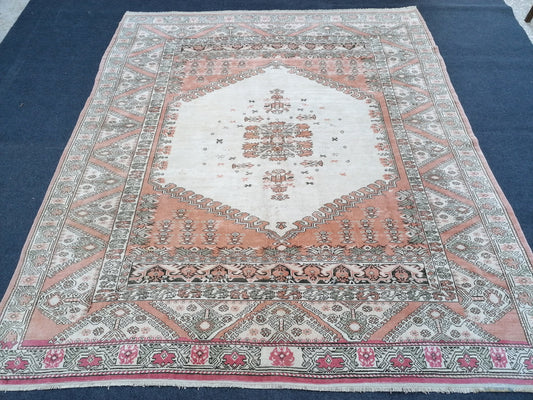 7 x 8 oushak turkish rug, soft color vintage turkish rug, pastel oushak rug, vintage anatolian rug