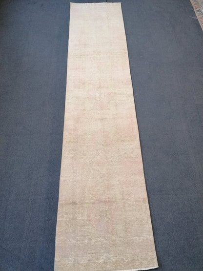 2.7 x 11.7 Turkish runner rug, vintage runner rug, Neutral Oushak rug