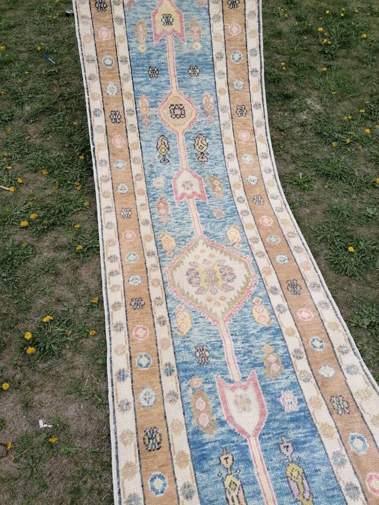 Oushak wool runner 3 x 14.9 turkish handmade rug, Hand-knotted runner rug