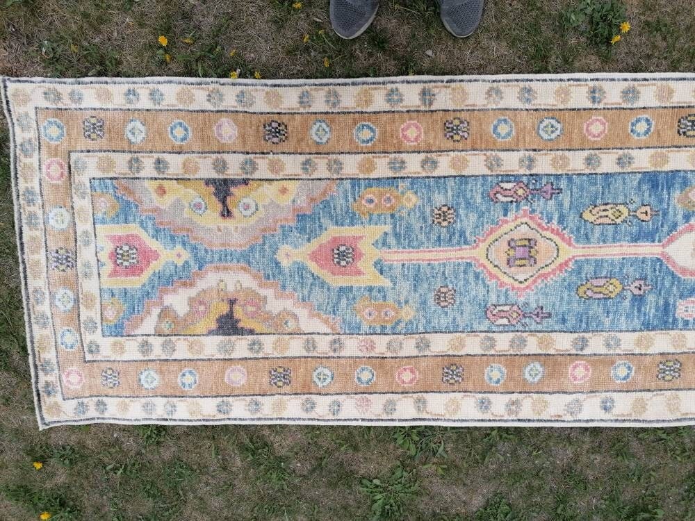 Oushak wool runner 3 x 14.9 turkish handmade rug, Hand-knotted runner rug