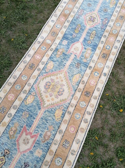 Oushak wool runner 3 x 14.9 turkish handmade rug, Hand-knotted runner rug