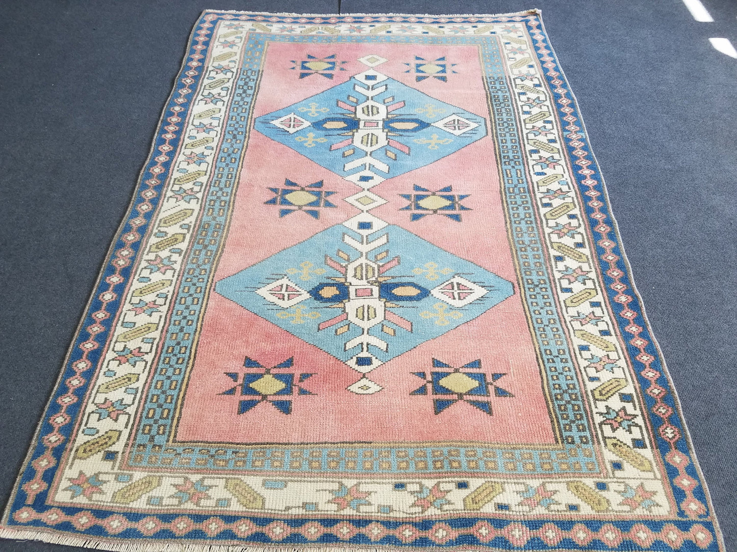 3.10 x 5.7 Blue vintage wool rug. pink turkish oushak rug, handmade wool rugs