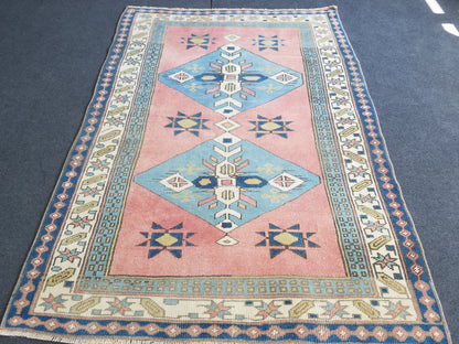 3.10 x 5.7 Blue vintage wool rug. pink turkish oushak rug, handmade wool rugs