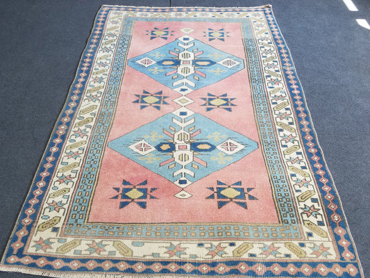 3.10 x 5.7 Blue vintage wool rug. pink turkish oushak rug, handmade wool rugs
