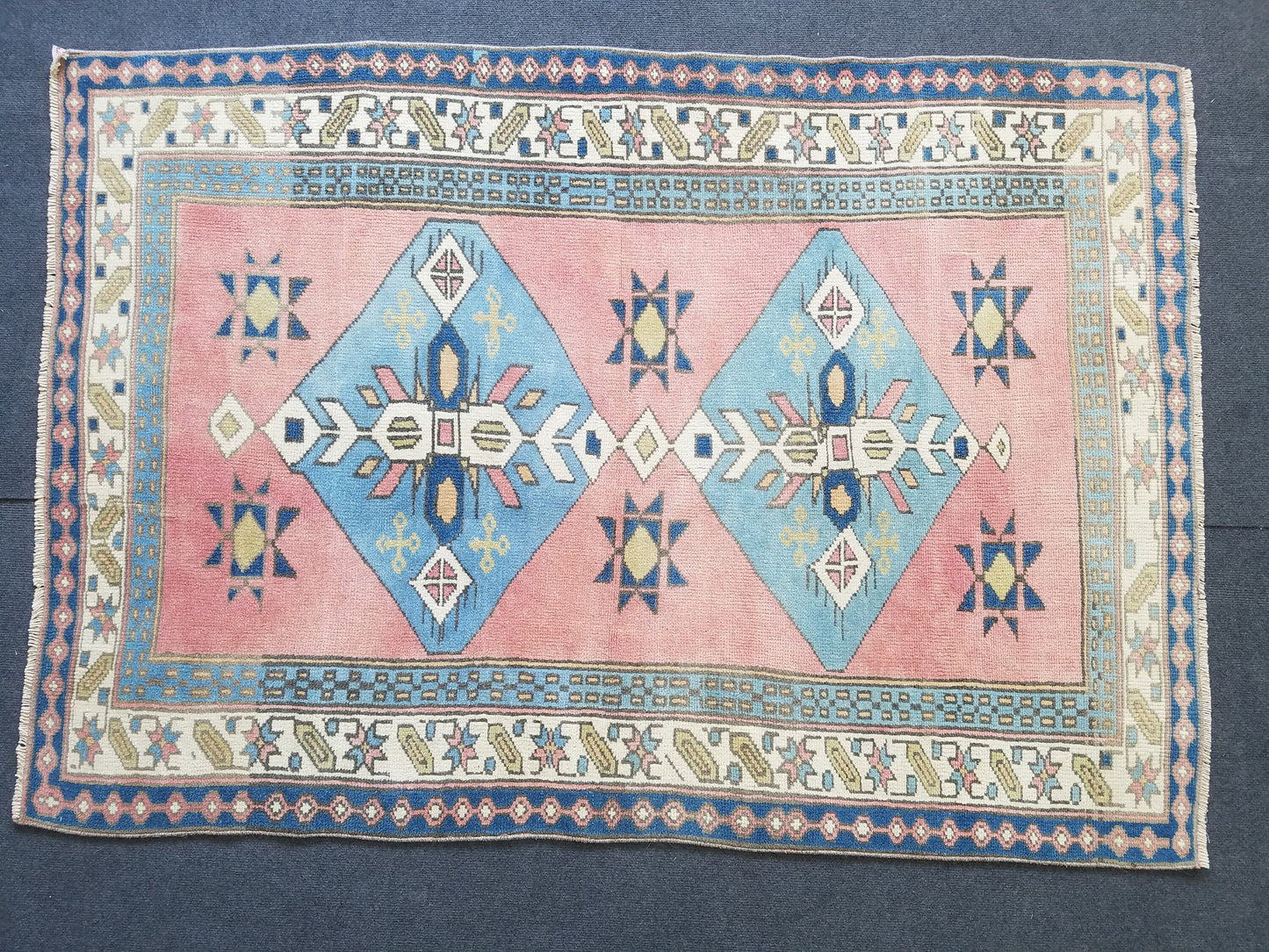 3.10 x 5.7 Blue vintage wool rug. pink turkish oushak rug, handmade wool rugs