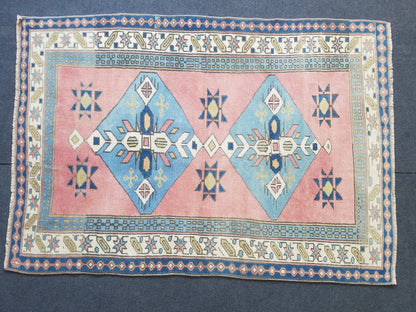 3.10 x 5.7 Blue vintage wool rug. pink turkish oushak rug, handmade wool rugs