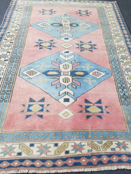 3.10 x 5.7 Blue vintage wool rug. pink turkish oushak rug, handmade wool rugs