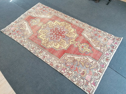 Distressed turkish rug, vintage wool rug 4 x 8.4 oushak handmade rug,