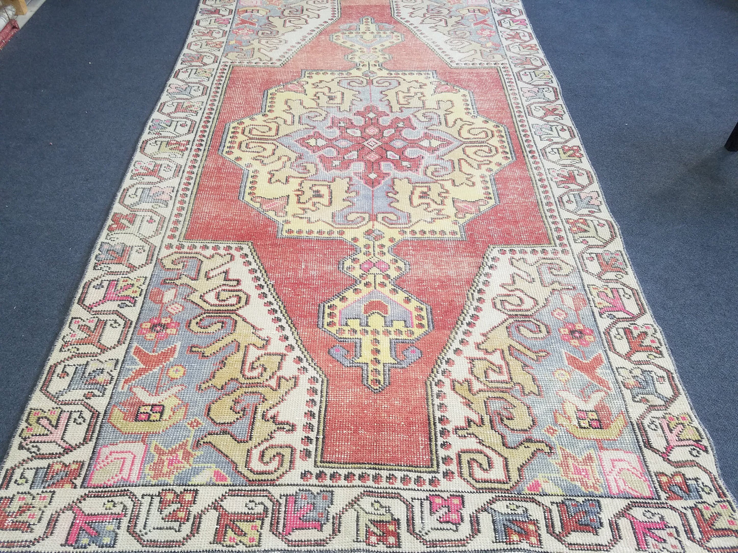 Distressed turkish rug, vintage wool rug 4 x 8.4 oushak handmade rug,