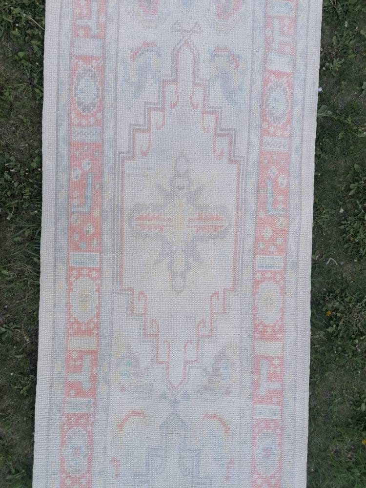 2.10 x 13.4 oushak wool runner, turkish oushak handmade rug, muted hallway runner rug