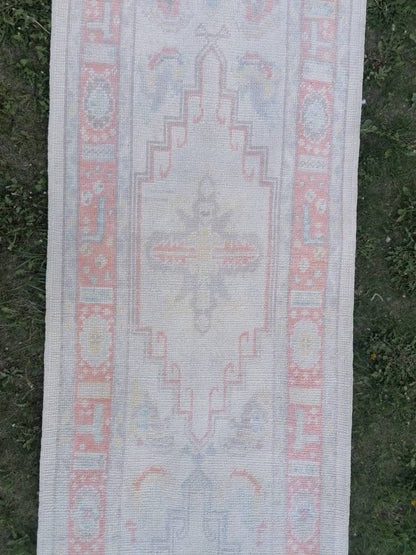 2.10 x 13.4 oushak wool runner, turkish oushak handmade rug, muted hallway runner rug