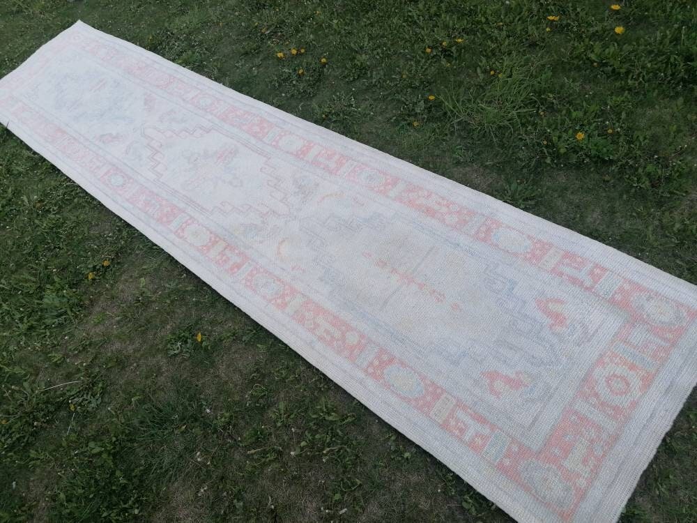 2.10 x 13.4 oushak wool runner, turkish oushak handmade rug, muted hallway runner rug