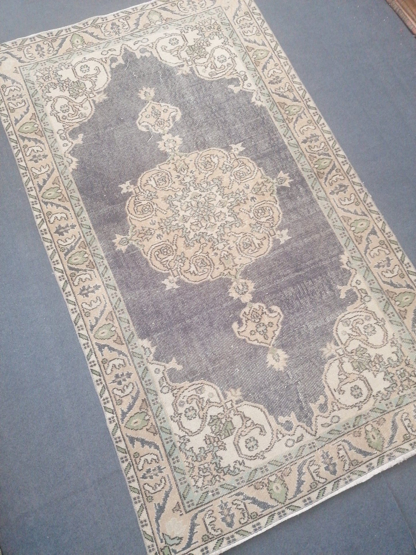 Vintage blue rug 3.9 x 6.6 distressed oushak rug