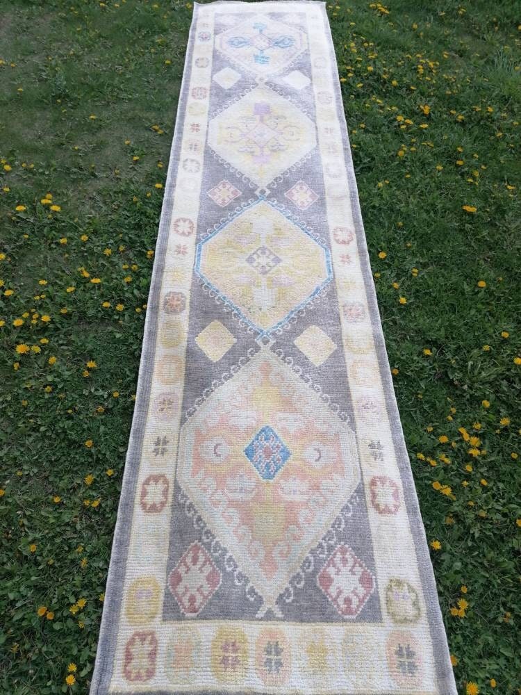 Oushak wool runner 3 x 13 turkish  oushak handmade rug, hallway runner rug