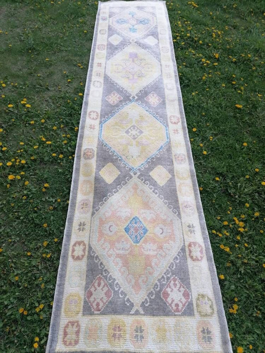 Oushak wool runner 3 x 13 turkish  oushak handmade rug, hallway runner rug