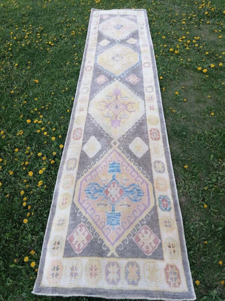 Oushak wool runner 3 x 13 turkish  oushak handmade rug, hallway runner rug