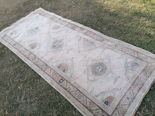 4.7 x 10.8 Runner rug, vintage oushak runner neutral hallway runner, vintage runner rug
