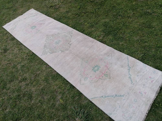 wool rug 2.10 x 10.7 muted runner handmade rug, hallway runner rug, Turkish runner, vintage runner rug,