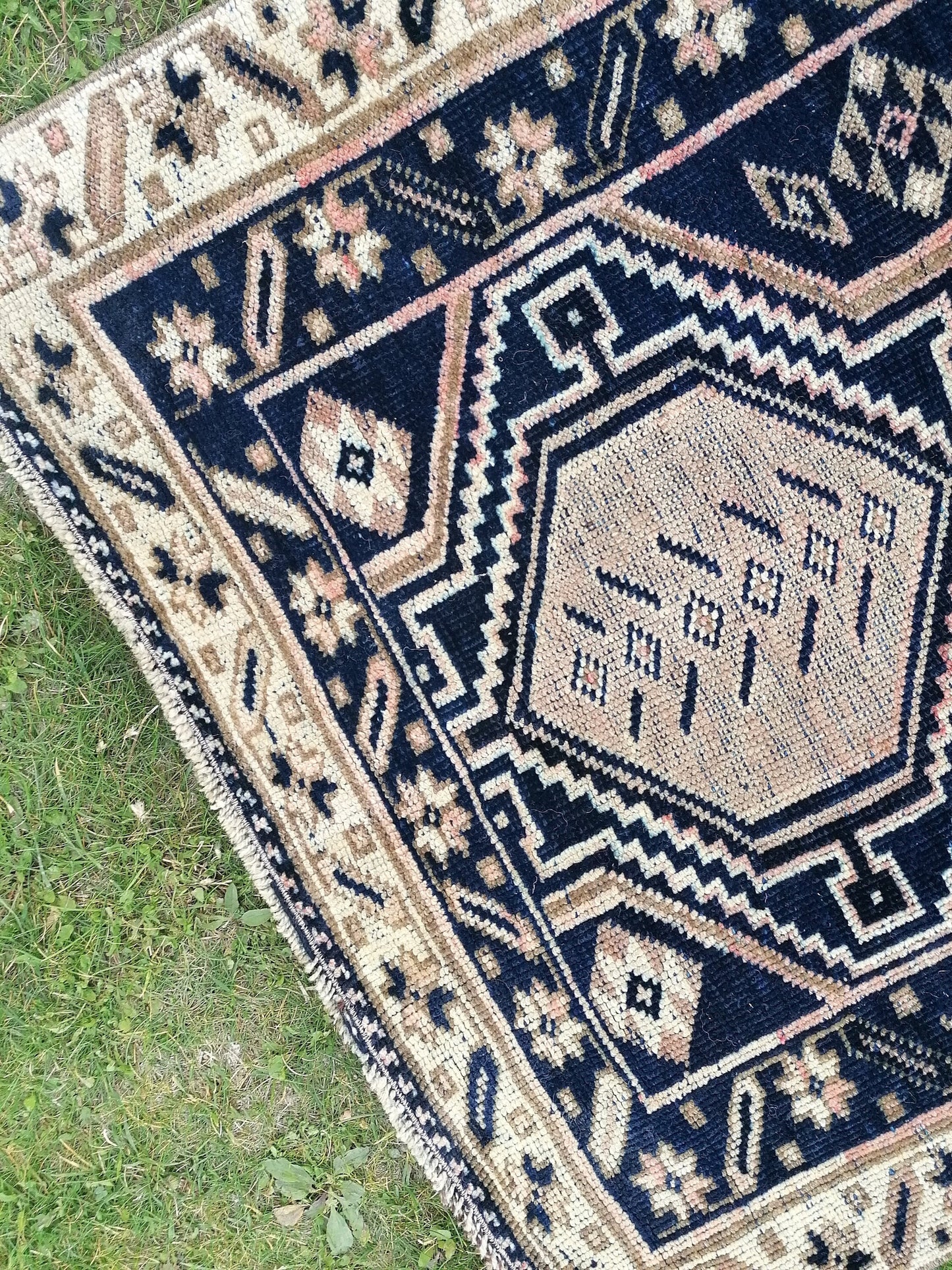 3.2 x 9.8 Oushak runner rug, navy runner rug, blue vintage runner  handmade runner,
