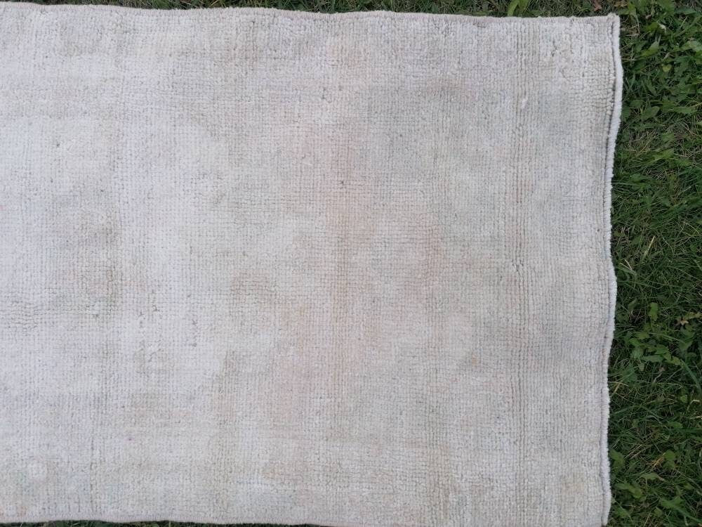 1.3 x 2.9 Muted vintage wool rug, faded oushak rug, hand made wool rug,