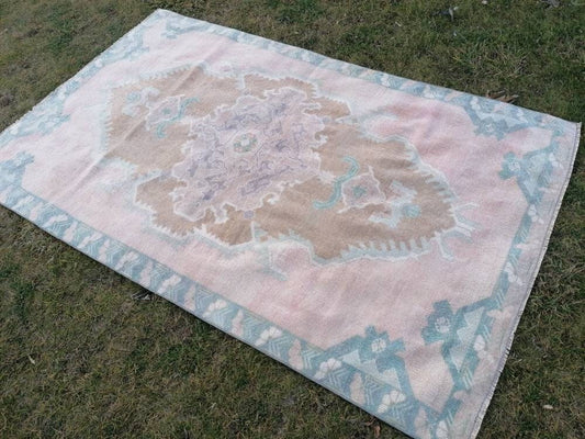 4.6 x 7.4 pink wool rug, vintage oushak rug, turkish hand made living room rug