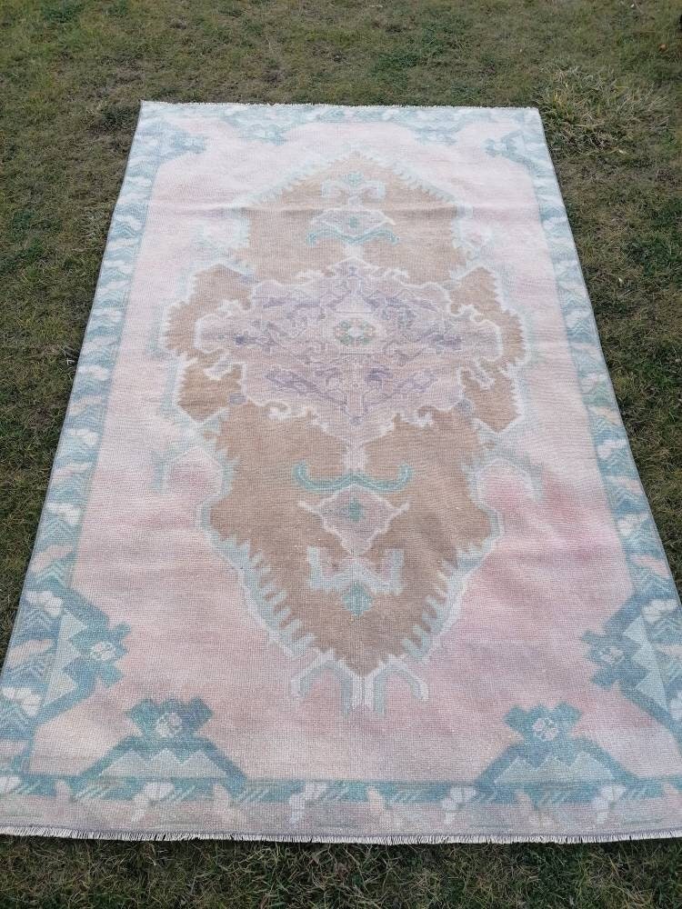 4.6 x 7.4 pink wool rug, vintage oushak rug, turkish hand made living room rug