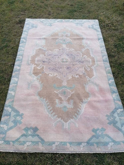 4.6 x 7.4 pink wool rug, vintage oushak rug, turkish hand made living room rug