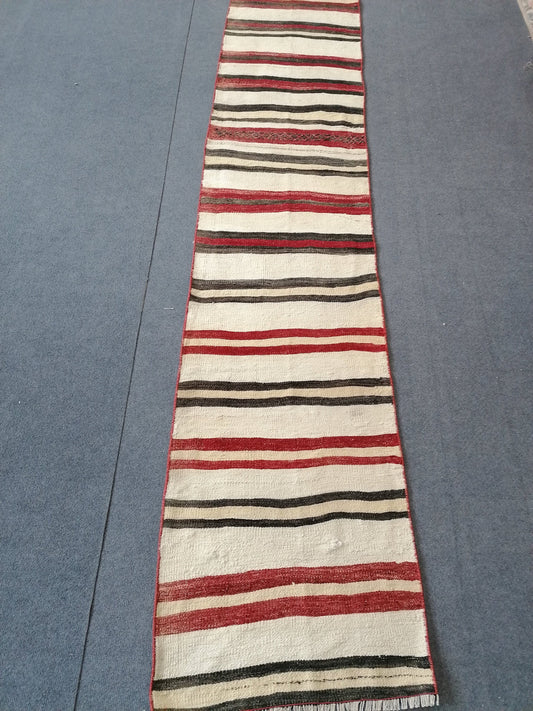 1.10 x 18.10 Vintage rug , flat woven kilim rug with embroidery rug, oriental carpet, vintage kilim rug wool carpet rug, flat pile rug