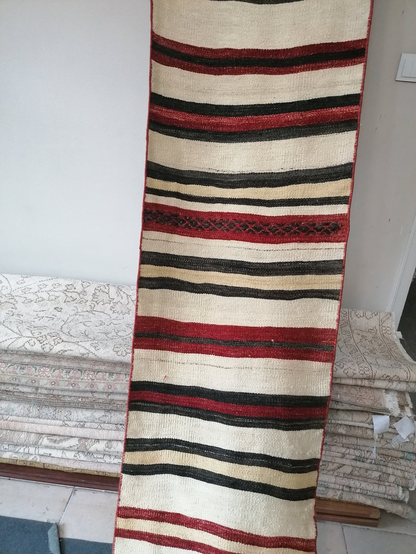 1.10 x 18.10 Vintage rug , flat woven kilim rug with embroidery rug, oriental carpet, vintage kilim rug wool carpet rug, flat pile rug