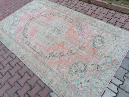 5.9 x 9.5 vintage green rug, dıstressed oushak rug turkish area rug