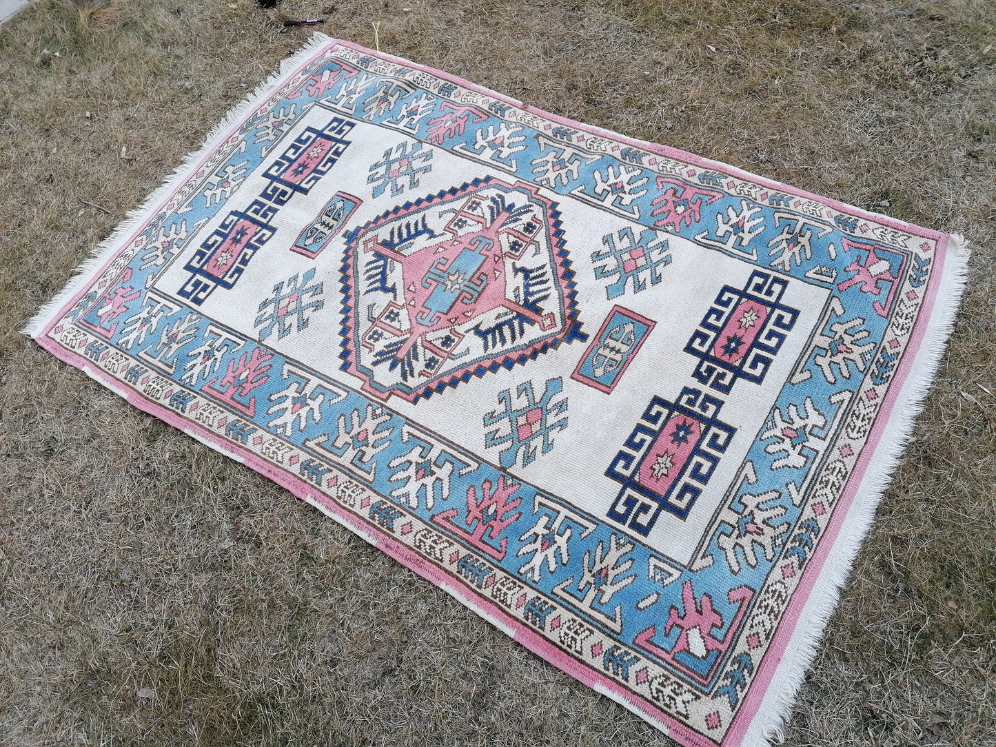 Turkish blue wool rug 4 x 6 vintage rug, handmade oushak rug