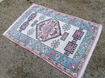 Turkish blue wool rug 4 x 6 vintage rug, handmade oushak rug
